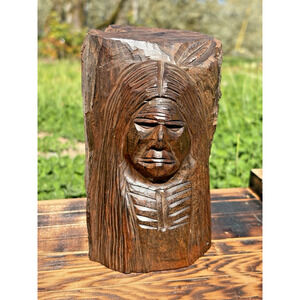 Old Hand Carved Ironwood Native American Indian Chief Statue Sculpture Bust